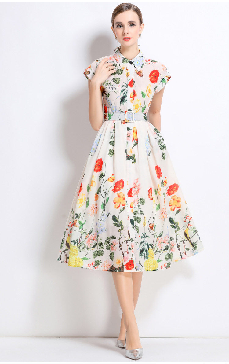 French Style Short Sleeve Polo Dress Waist Defining Flowy A Line Floral Print Summer Elegance for Women Wholesale
