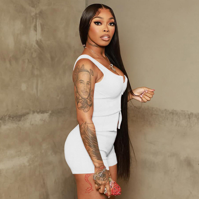 D25St165 Cross-Border European and American Clothing Sexy Sports Sleeveless Zipper Vest Top Tight Shorts Two-Piece Suit