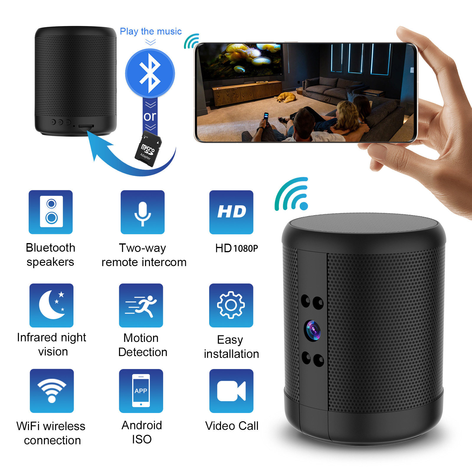 Smart monitoring wireless camera wifi wide-angle HD night vision home indoor remote network monitoring plug-in-free
