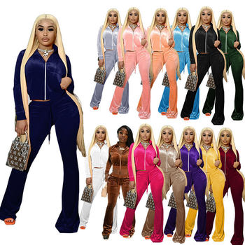 European and American cross-border women's autumn fashion suit Amazon new stretch velvet slim flared pants two sets