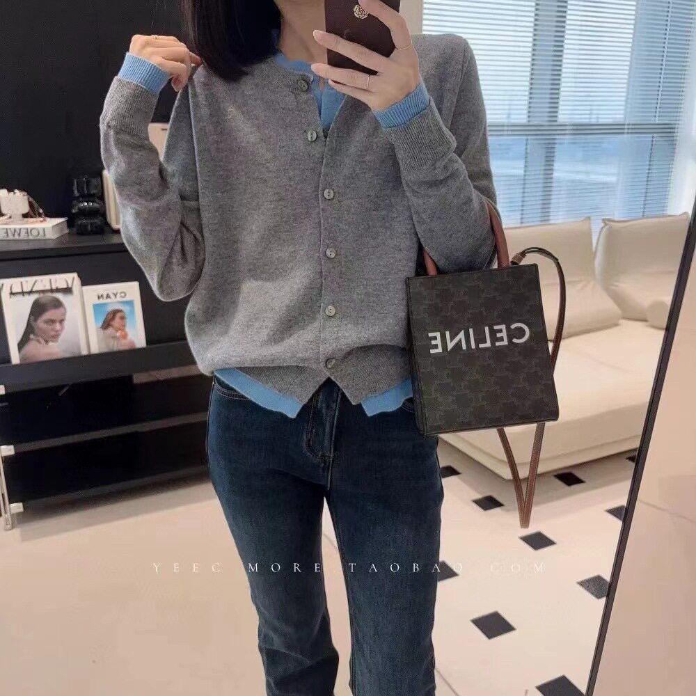 100%美丽诺羊毛开衫女秋冬灰色假两件针织衫高级感老钱风毛衣外套