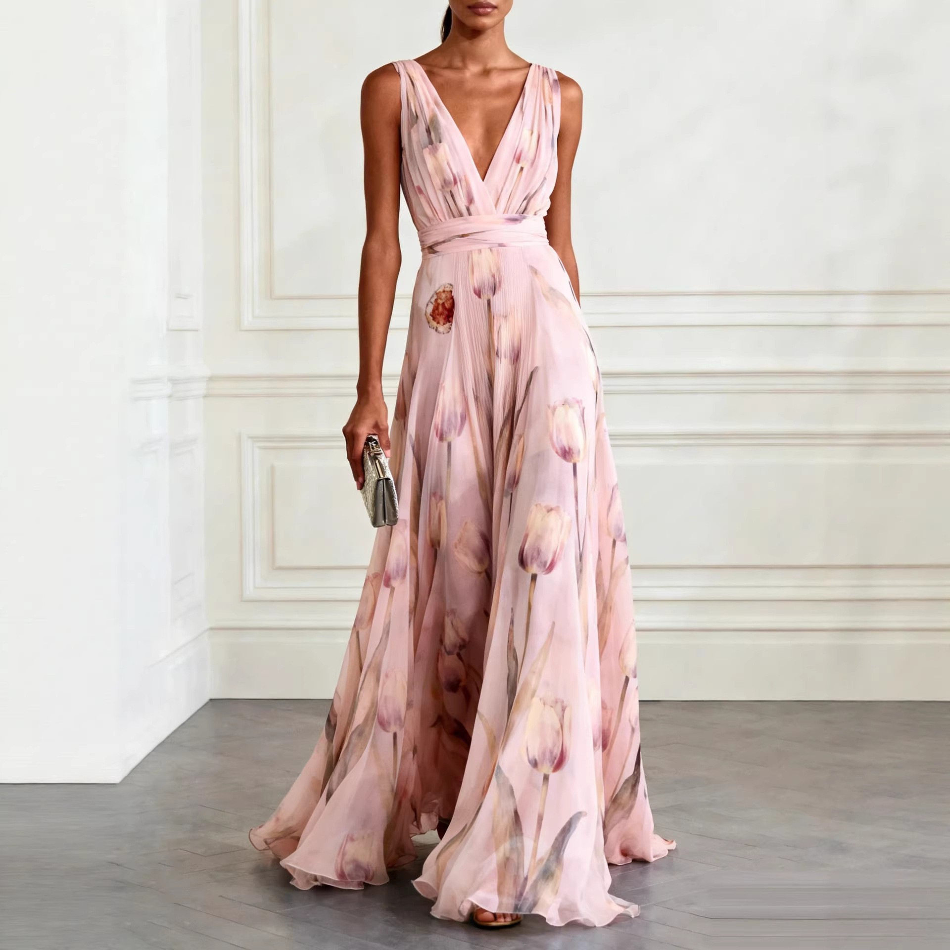 Floral Maxi Dress Summer Style Loose Fit V Neck Sleeveless Waist Defined Casual Wear Wholesale Available