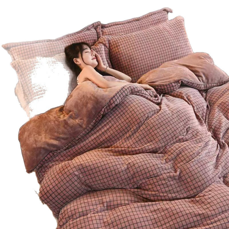 Light Luxury Style Thickeneded Double-Sided Milk Velvet Bed Four-Piece Set Winter Coral Velvet Fleece-Lined Bed Sheetss and Quilt Covers Bedding