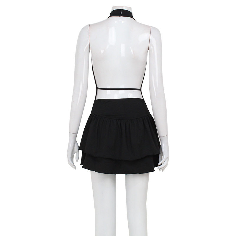 Backless Halter Neck Dress Sexy Low Cut Ruffle Hem Elegant Solid Color for Parties and Events Wholesale Available