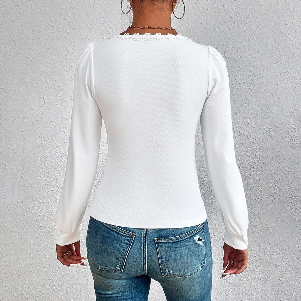 Womens V Neck Puff Sleeve T Shirt Slim Fit Lace Trim Fashionable Versatile Spring Summer Style Wholesale