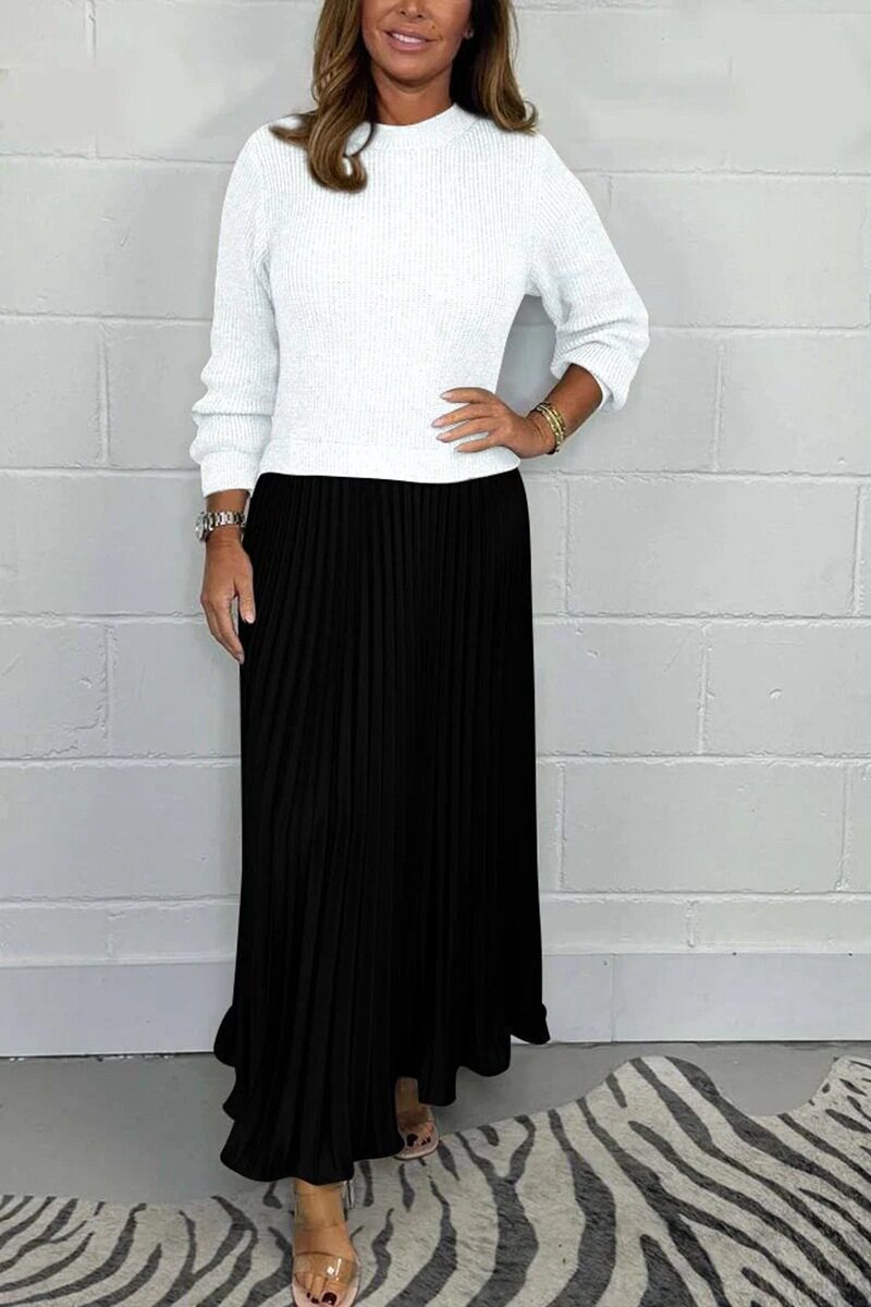 Knitted Long Sleeve Color Block Dress Solid Color Pleated Design Stylish for Fall Winter Wholesale Available