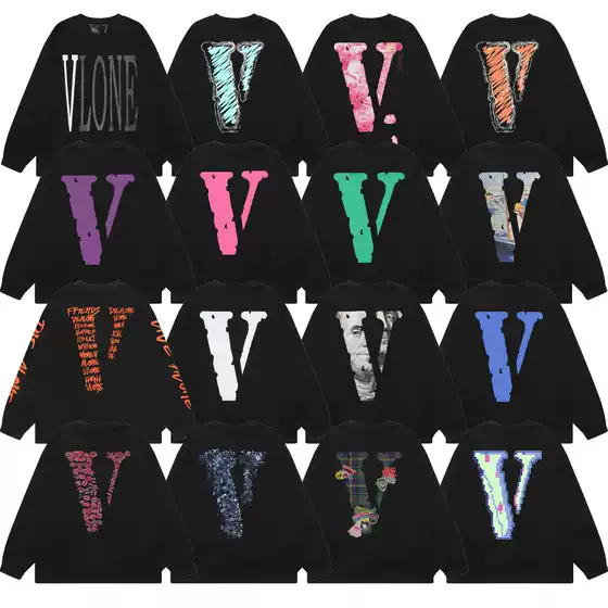American-Style Vlone Loose Long-Sleeve Trendy Brand Base Shirt for Men and Women, Niche L Women's T-Shirt, Round Neck, Large Ver Cotton