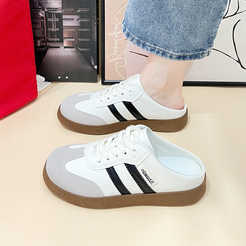 Baotou Half Slippers for Women 2023 Summer New Korean Style Color-Blocked Flat-Heeled Lazy Shoes Casual Slip-On Moral Training Flats for Women