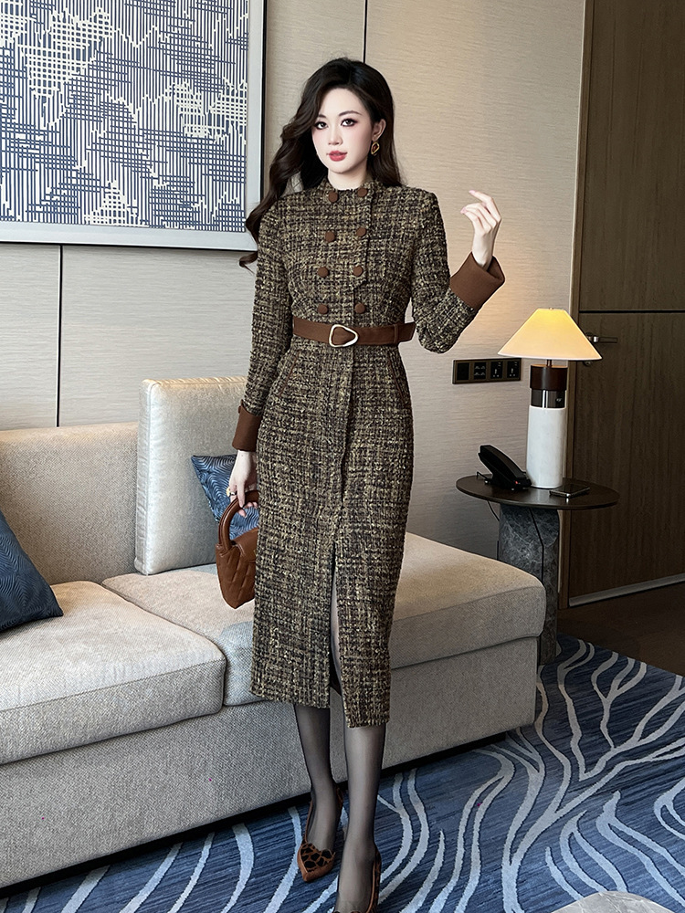 Đầm tweed nữ dài tay hai hàng khuy thắt eo ôm hông — Màu tím, Màu cà phê sữa