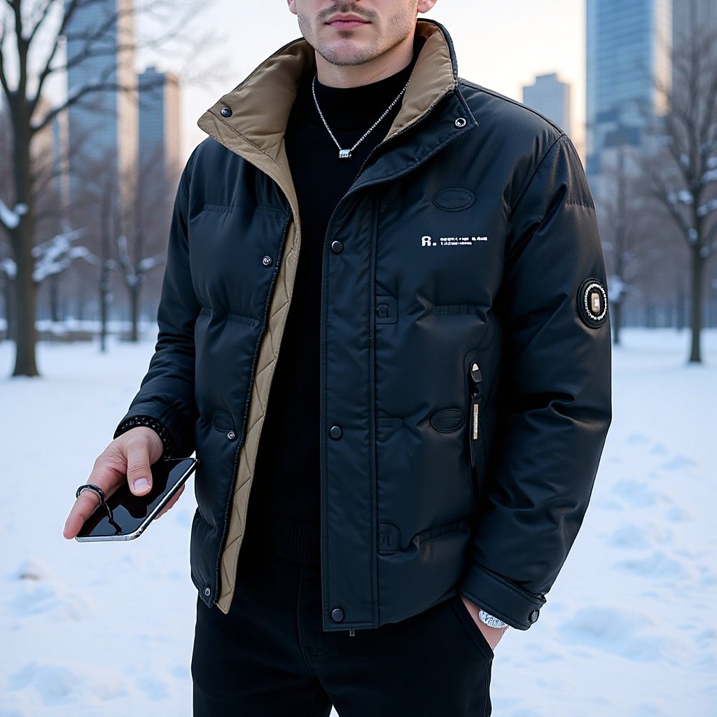 New Men's Stand Collar Winter 2025 Short Color-Block Korean Version Thickened down Jacket Warm Casual Trendy Black