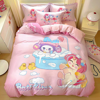 Four-Piece Set Cotton Pure Cotton Bed Sheet Quilt Cover Bed Hat Student Dormitory Cartoon Children's Bedding Three-Piece Set 4