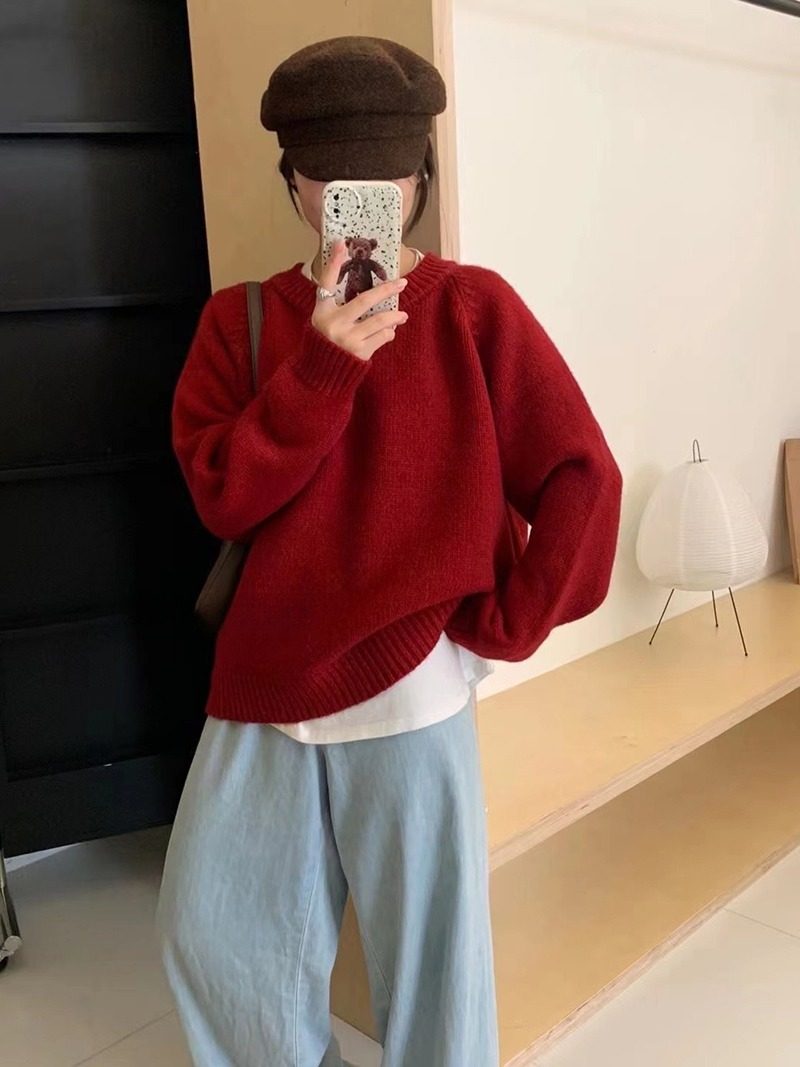 秋冬季圆领皮标糖果色套头毛衣女韩系别致内搭宽松显瘦针织衫上衣