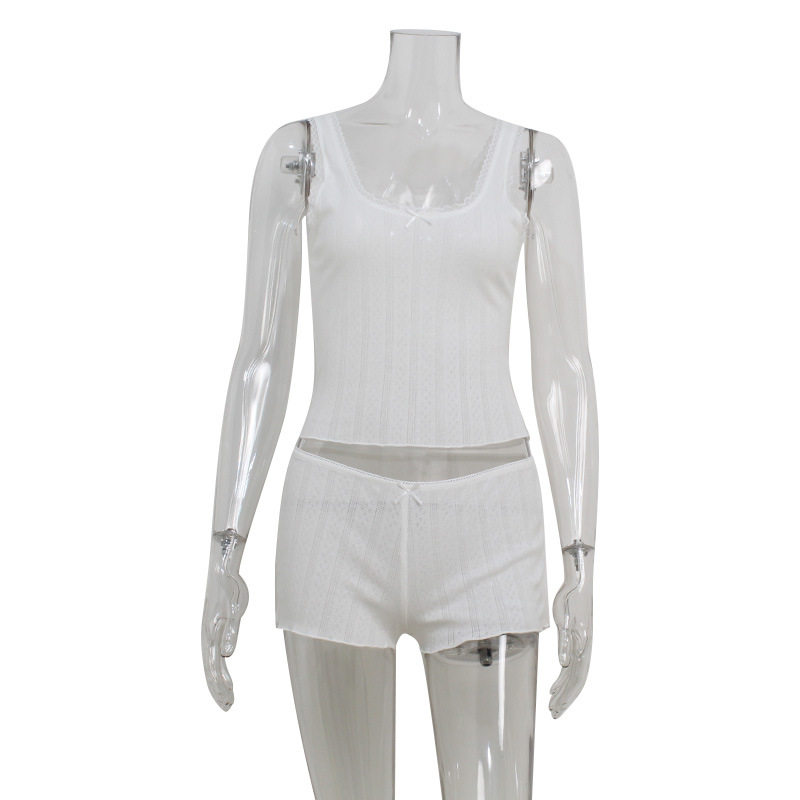 Summer Womens Lace Trim Sleeveless Top and Shorts Set Slim Fit Cotton Blend American Style Casual Wear Wholesale
