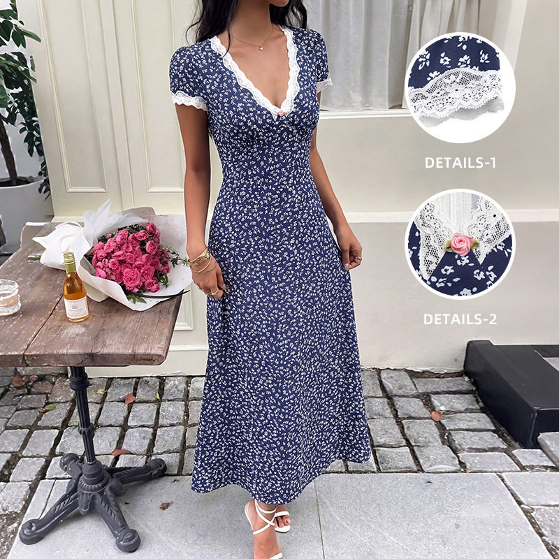 Floral Print Lace Trimmed V Neck Short Sleeve Dress Sweet Vacation Style Ideal for Summer Events Wholesale Available