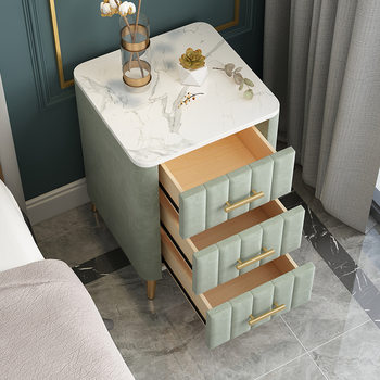 Nordic Light Luxury Marble Bedside Table, Trendy Ins-Style Velvet Fabric with Drawer, Bedroom Storage Cabinet