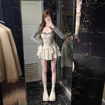 New Spring and Summer Cardigan Sweet and Spicy Floral Slim-fit Two-piece Set Slimming Gentle Elegant Pure Desire suit Sling dress