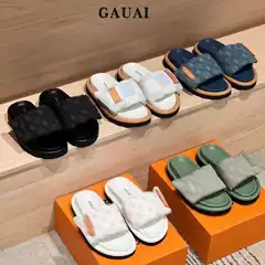 Gauai~Women's Velcro Thick-Soled Slide Sandals, Internet Celebrity Summer Embossed Flat Genuine Leather Couple Beach Sandals