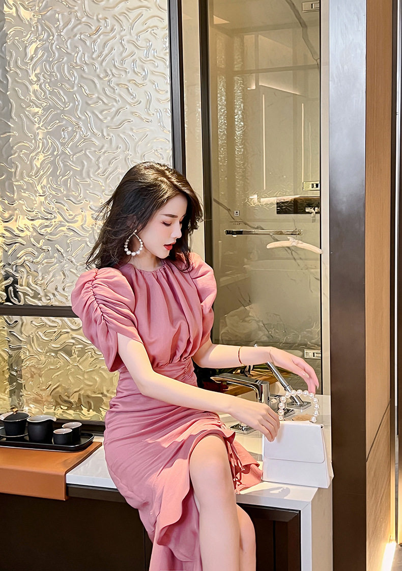 Đầm suông nữ midi cổ tròn tay bồng đuôi cá — [Hồng] chi tiết 15