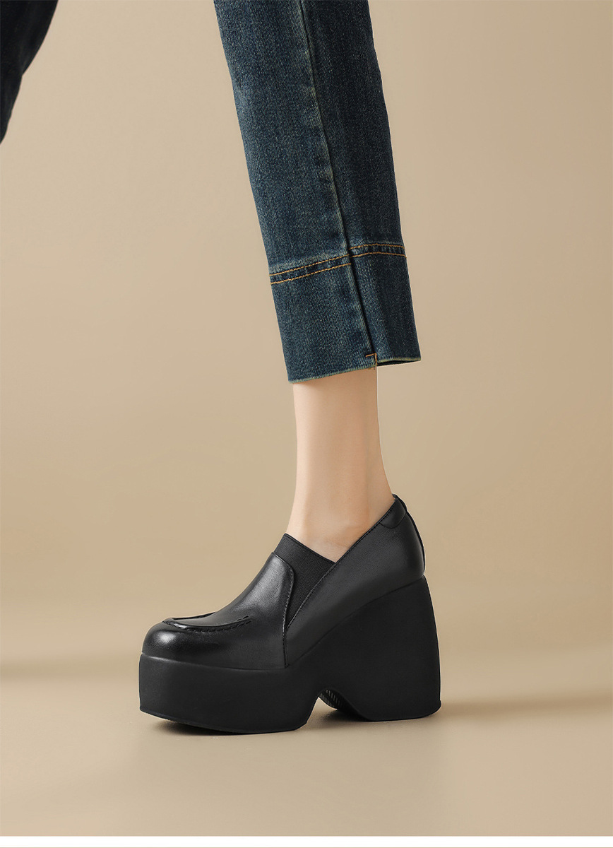 Giày cao gót nữ đế xuồng platform da bò mũi tròn gót 9cm — Màu đen