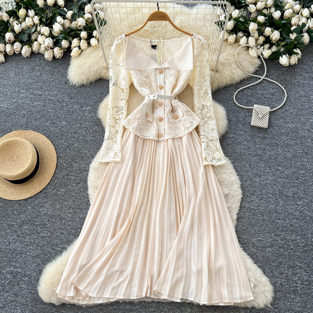 French Style Elegant Lapel Lace Panel Dress with Metal Buttons Waist Defined Pleated Design Autumn Fashion for Women