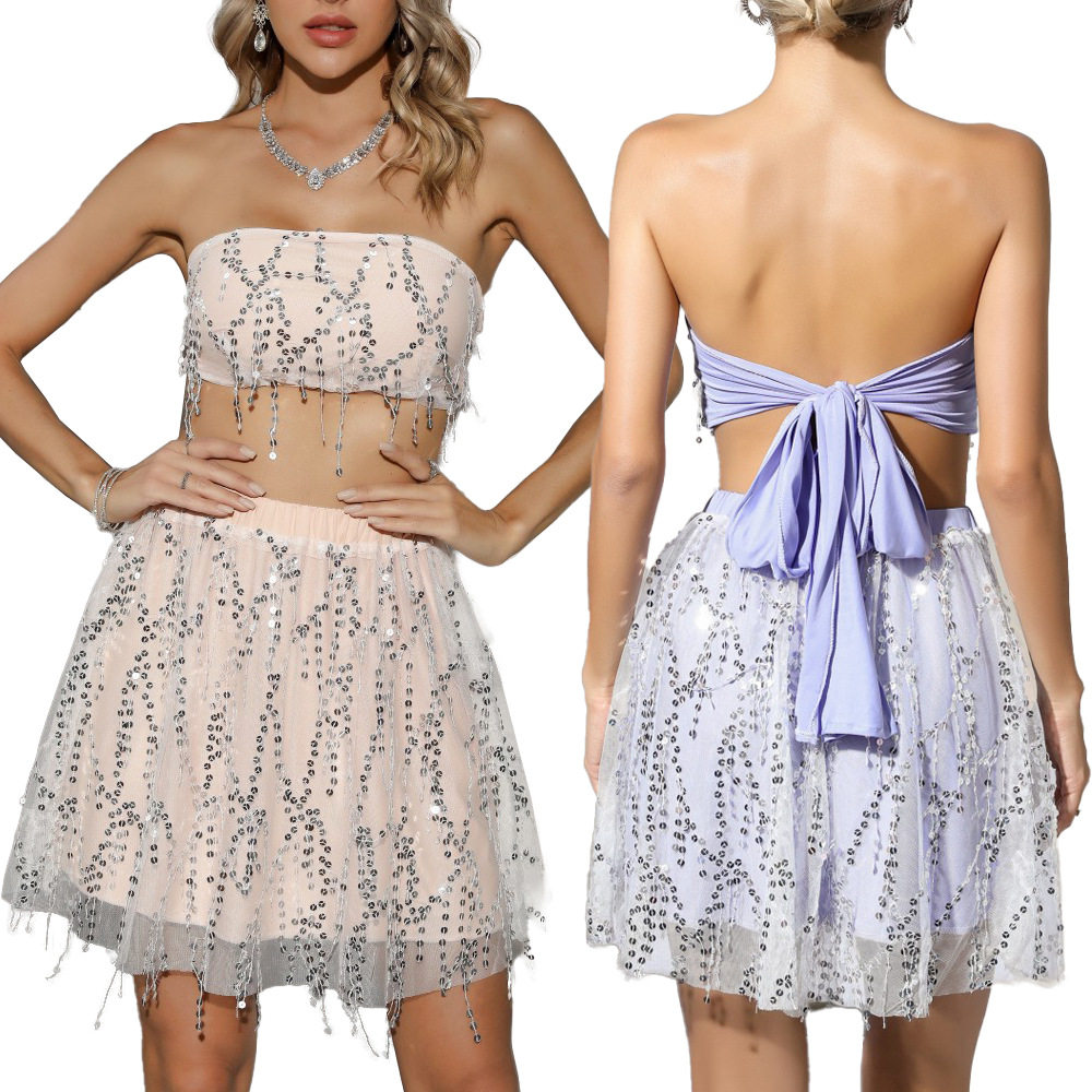 Sequin Strapless Top with Tie Closure Patchwork Design Fringe Detail Sexy Style Perfect for Parties and Night Out