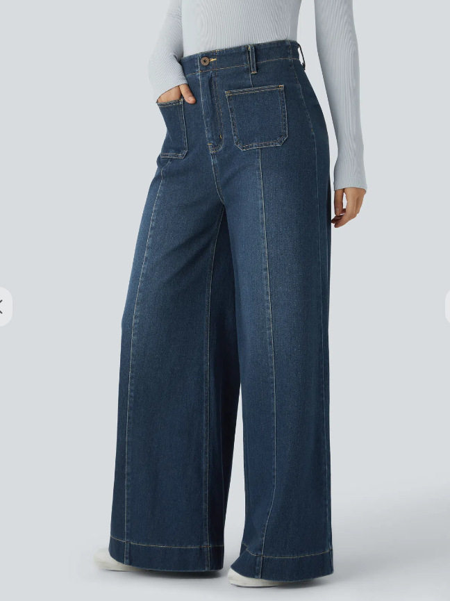 High Waisted Pocketed Patchwork Button Zipper Wide Leg Jeans Womens Fashion Fall Winter Collection Wholesale Available