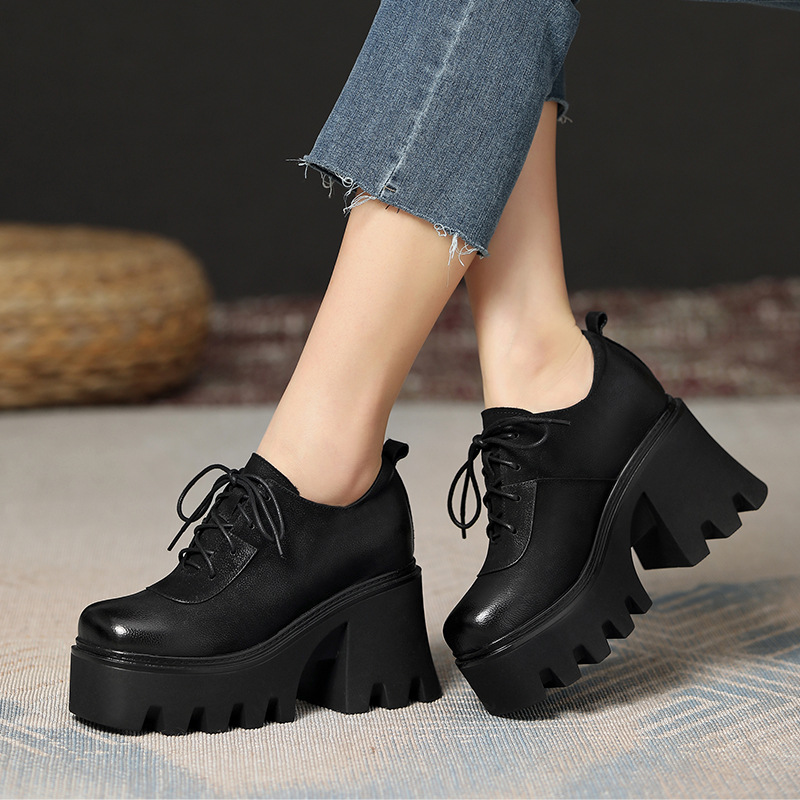 Giày Da Nữ Cao 10cm Gót Vuông Tăng Chiều Cao Đế Cao Hàng Mùa Xuân Thu Đông Phục Cổ Cổ Điển