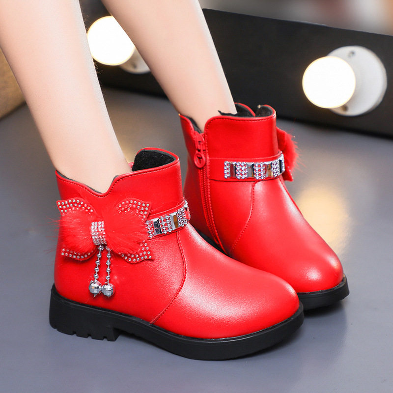 Children's Cotton Boots Princess Fashion Bow Baby Warm Leather Boots 2025 Winter Girls Rhinestone Mid-Calf Short Boots