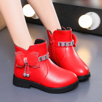 Children's Cotton Boots Princess Fashion Bow Baby Warm Leather Boots 2025 Winter Girls Rhinestone Mid-Calf Short Boots