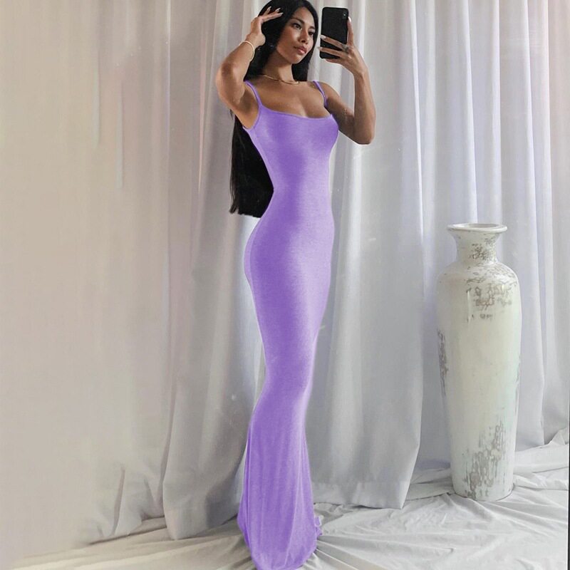 Womens Solid Color Bodycon Maxi Dress Spaghetti Straps Mermaid Hem Peach Butt Lift Elegant Evening Wear Wholesale