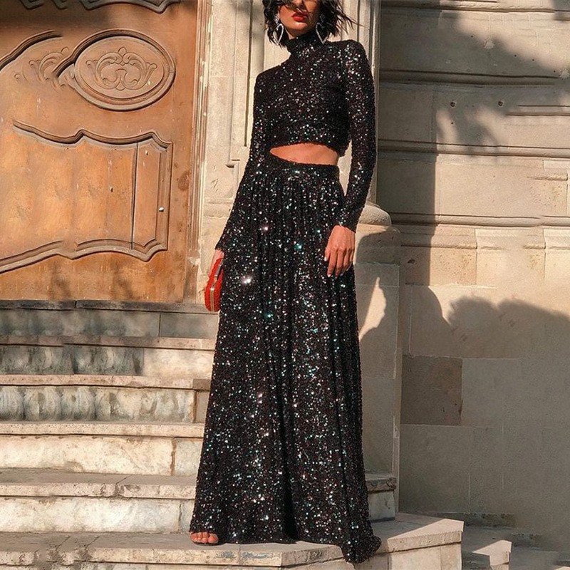 Elegant Long Sequin Dress High Neck Long Sleeve Floor Length Perfect for Spring Summer Parties Wholesale Available