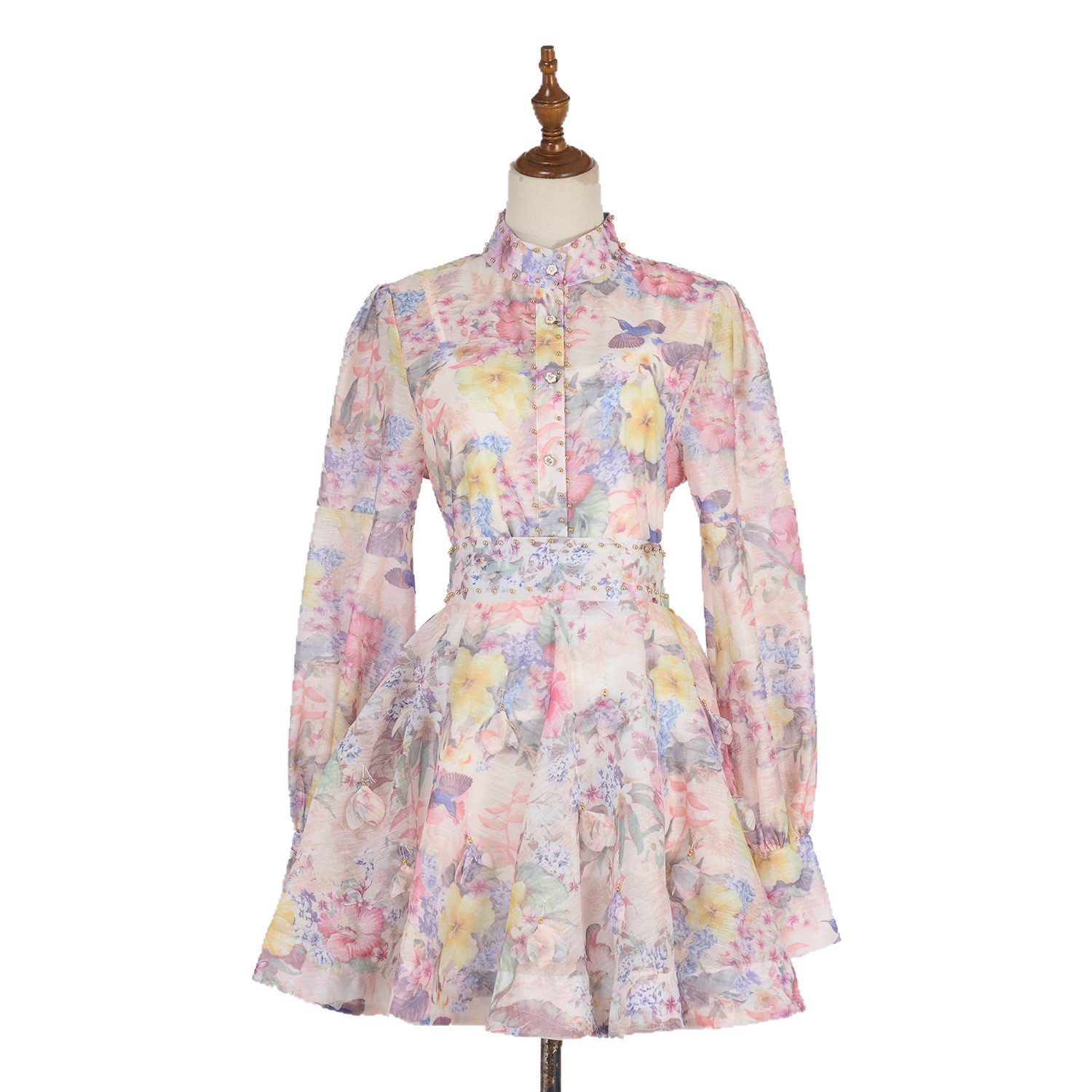 Vintage Floral Beaded Lantern Sleeve Top with A Line Mini Skirt Set Elegant Style for Parties and Events Wholesale