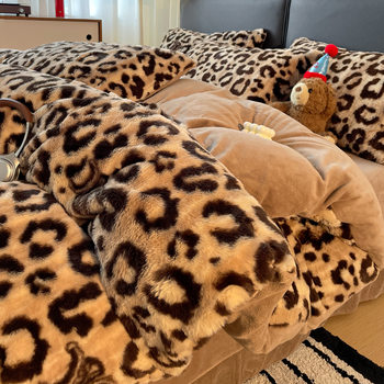 Winter Thickeneded Leopard Print Rabbit Plush Bedding Four-Piece Set Warm Milk Velvet Fleece-Lined Quilt Cover Dormitory Three-Piece Set Cross-Border