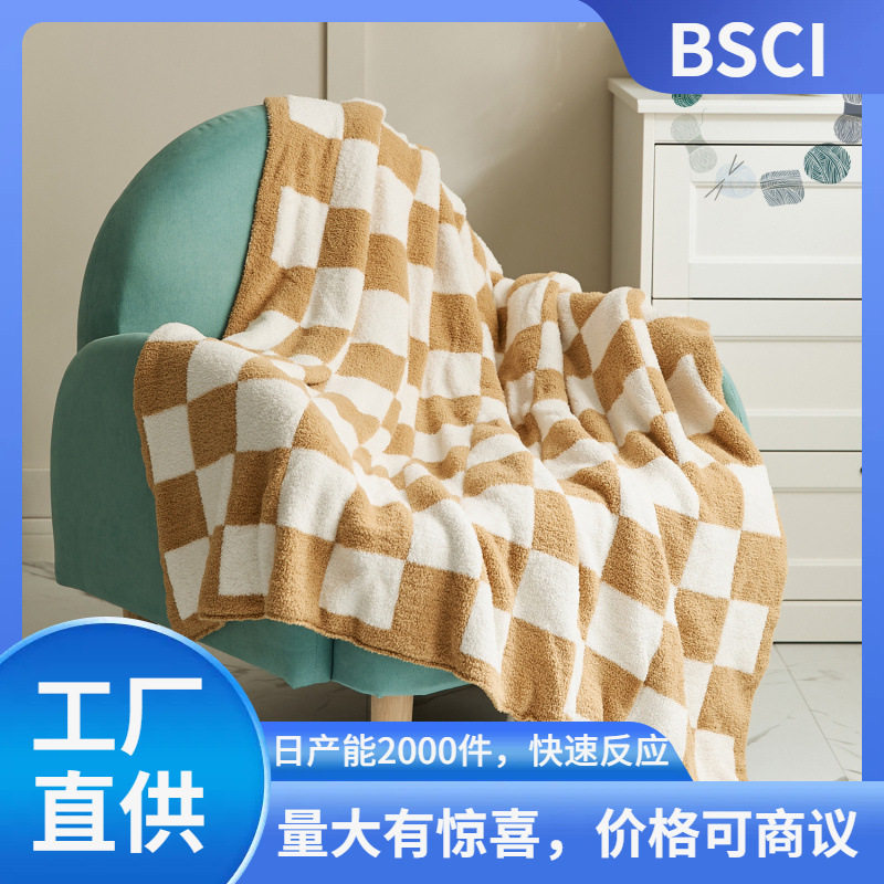 Ruijing Textile Manufacturer Wholesale Super Popular Retro Large Checkerboard Blanket Half Velvet Knitted Thread Blanket Sofa Blanket