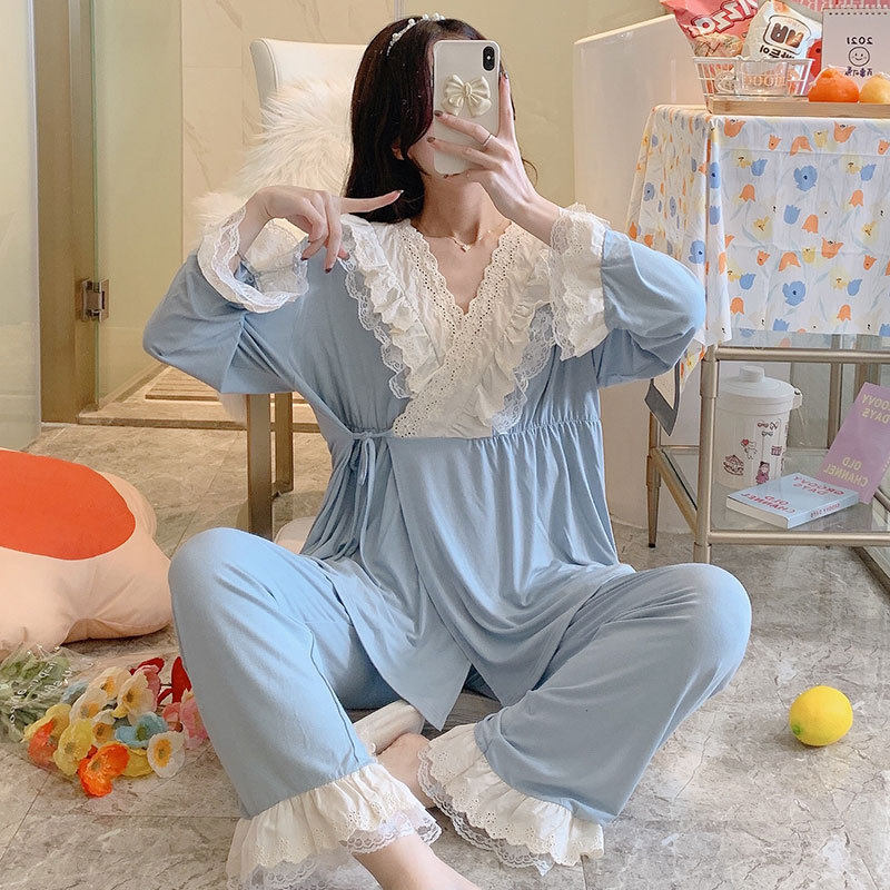 in stock 2673 Modal confinement clothing for pregnant women suit lactation pregnancy loose pajamas lace collar