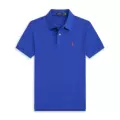 Royal blue polo shirt with red label