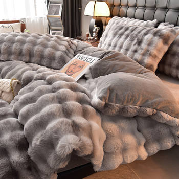Thickened Light Luxury Rabbit Plush Bed Four-Piece Set Winter Milk Velvet Bed Bed Sheets Quilt Cover Flannel Three-Piece Set Double-Sided Velvet