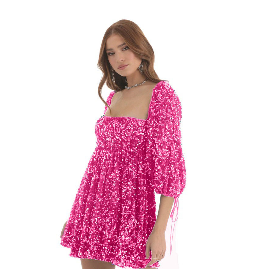 Plus Size Loose Sequin Mini Skirt Dress Short Sleeve Square Neck Solid Color Flared Hem Summer Casual Wear