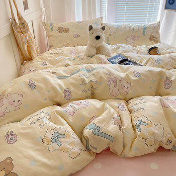 Cotton Cartoon Print Four-Piece Quilt Cover Set, Pure Cotton Cute and Fun Bedding Suitable for All Seasons, Student Dormitory Three-Piece Set