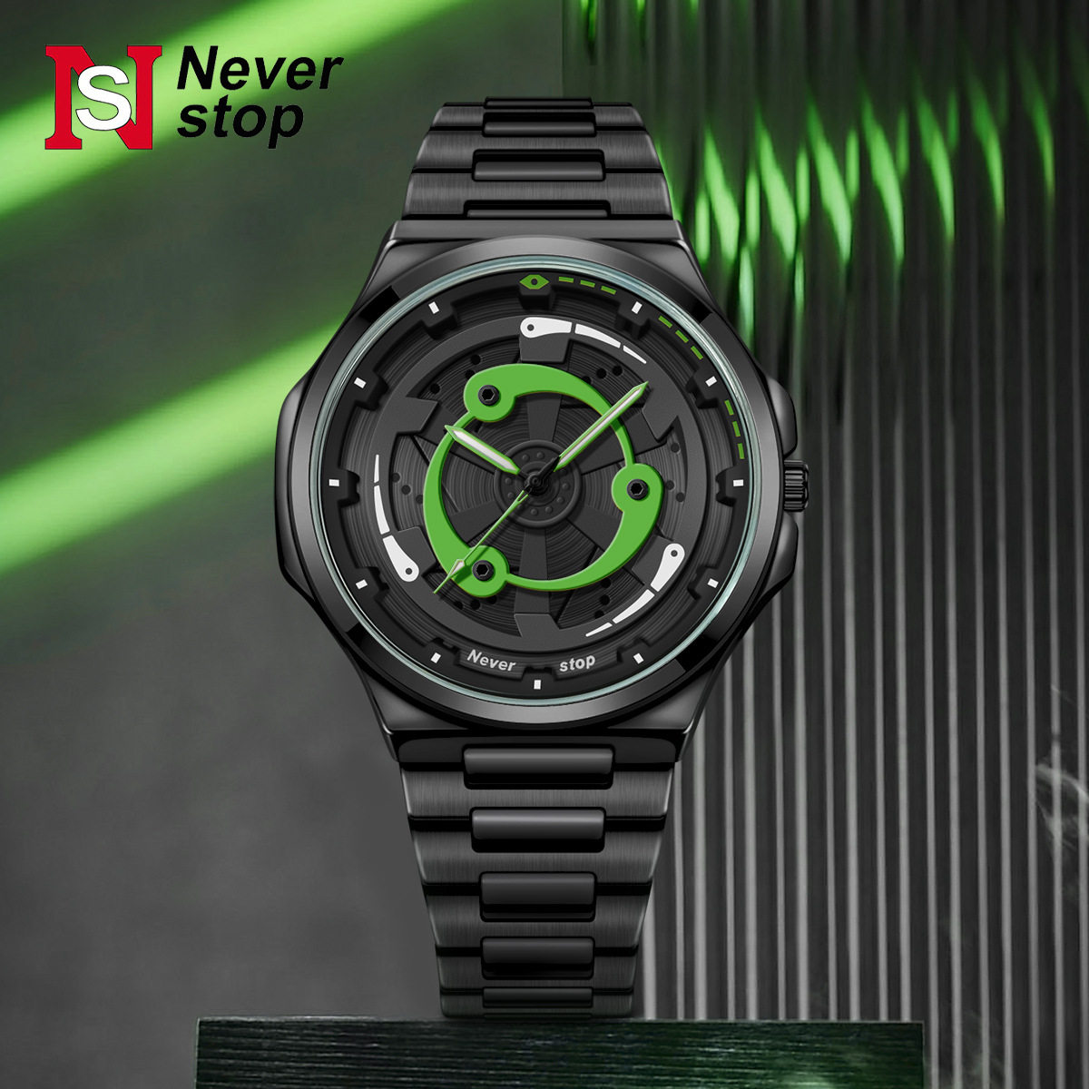 Ns Brand Cross-Border Popular Men's Steel Band Watch, Sporty Style with Rotatable Dial, Trendy Quartz Watch, Factory Ready Stock