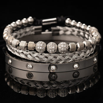 Cross-border Hot Selling Men's Woven Pineapple Beads Zircon Three Diamond Ball Bracelet Three-piece Set Stainless Steel Roman Numerals Bracelet