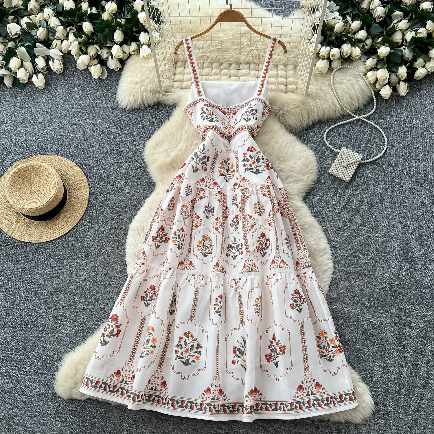 French Country Floral Print Maxi Dress High Waist A Line Silhouette Sleeveless Summer Vacation Style Wholesale