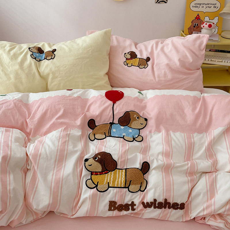 Class a Four-Piece Bed Towel Embroidered Quilt Cover Washed Cotton Bed Sheetss Cartoon Style Student Dormitory Three-Piece Fitted Bed Sheets Set