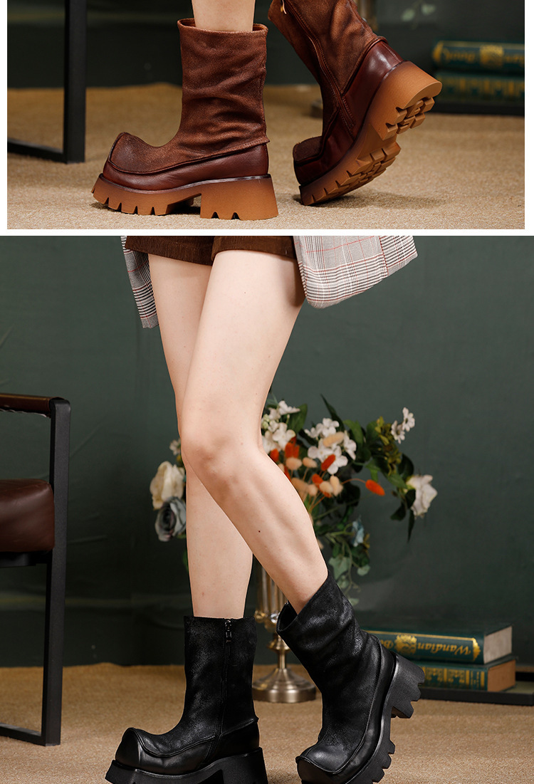 Boot nữ cổ trung da bò thật phối khóa kéo bên hông, thiết kế cá tính phong cách hiện đại — đen, màu cà phê