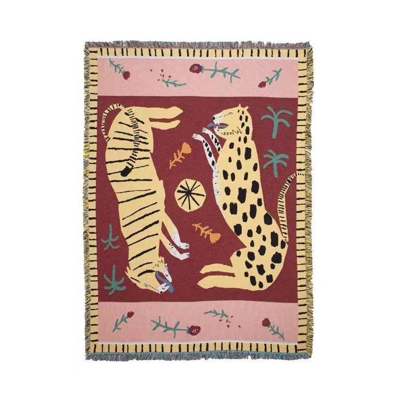 Cross-Border Export American Jacquard Cotton Blanket Thickened Sofa Cover Blanket Pink Panther Tapestry Art Gift Blanket Camping Blanket