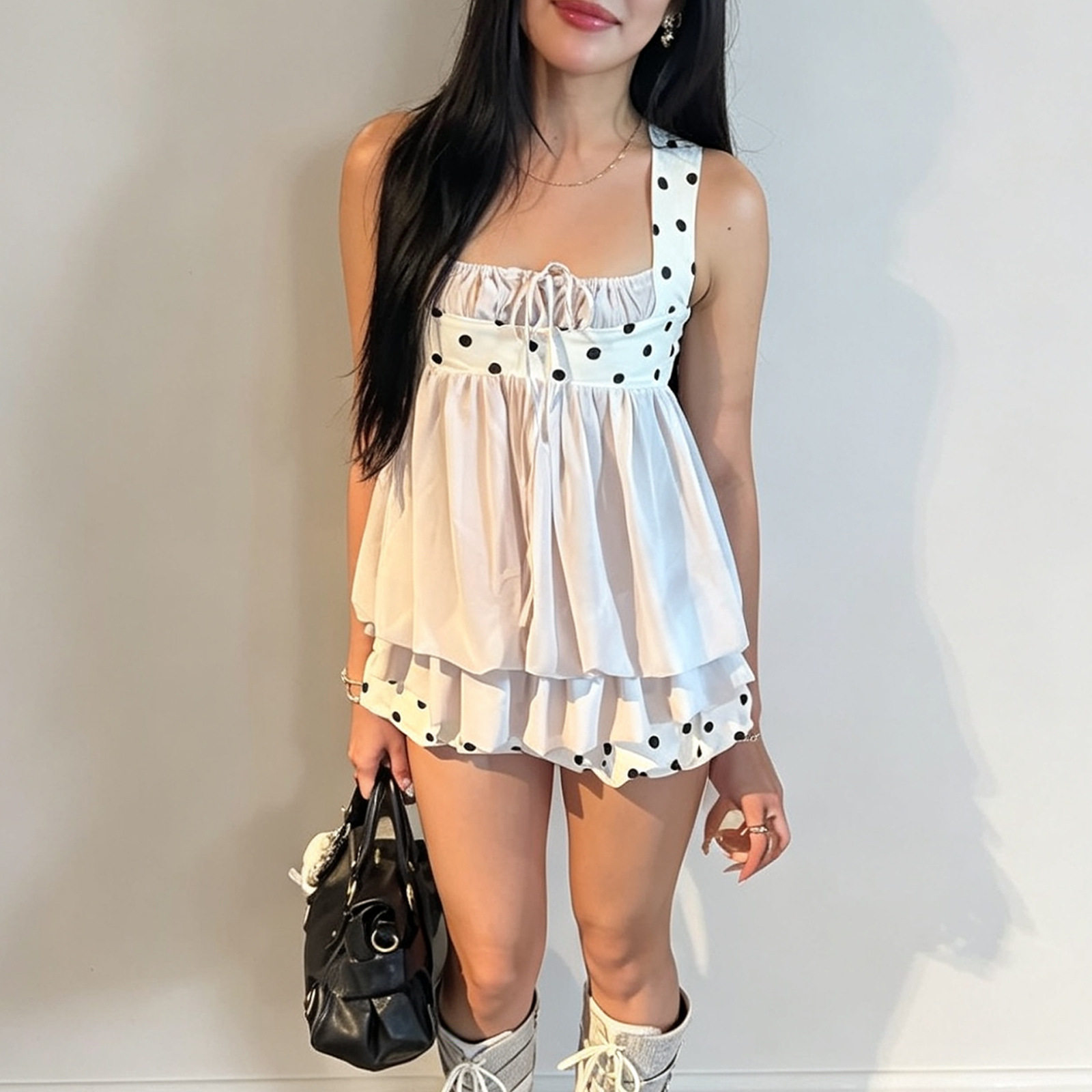 Summer Womens Dress Stylish Sweetheart Neckline Polka Dot Design Puff Sleeve Lightweight Fabric Perfect for Casual