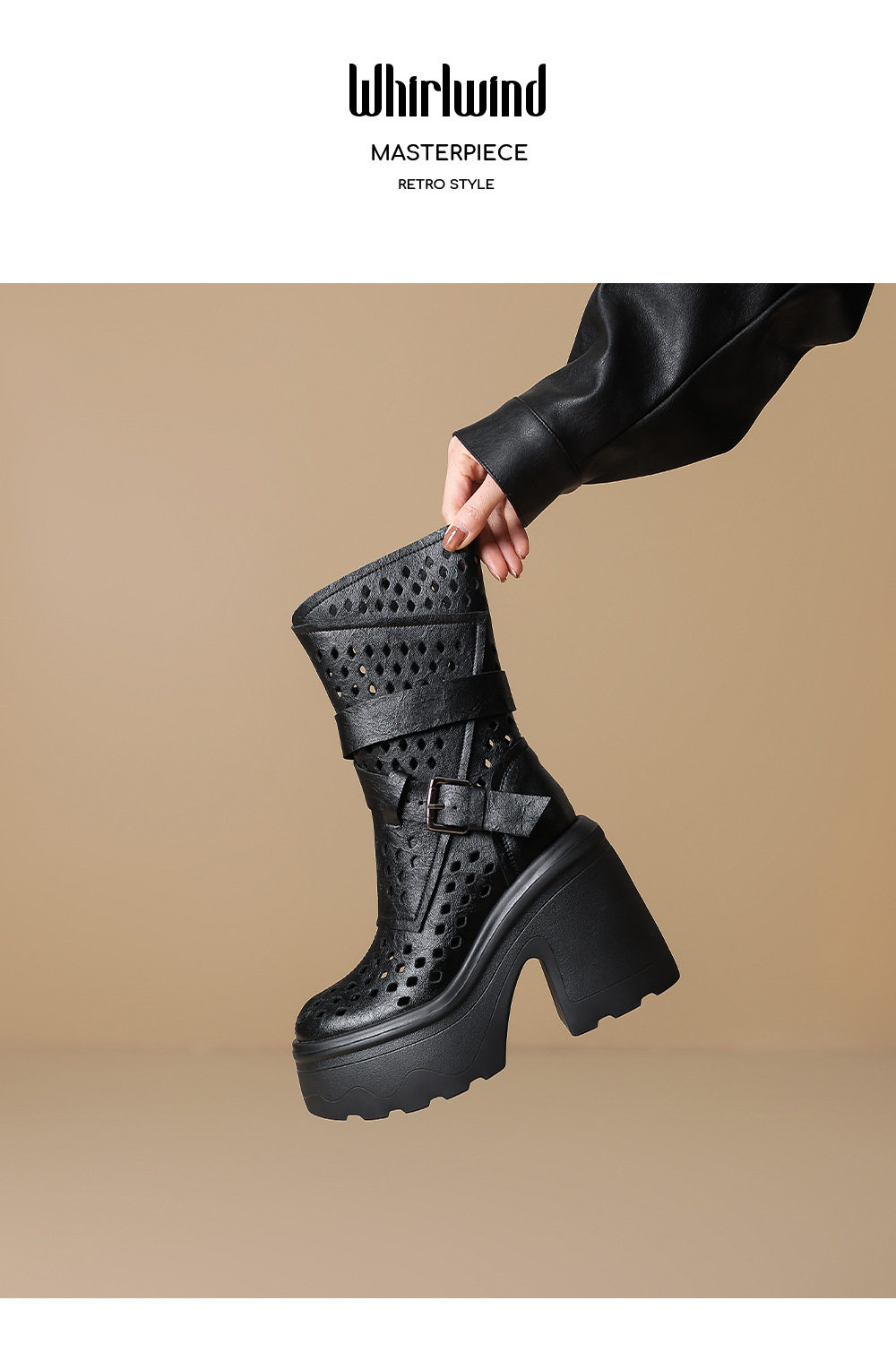 Boot cổ thun nữ da bò họa tiết đục lỗ thoáng mát, gót cao 8 cm — [Nâu], [Đen] chi tiết 11