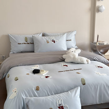 New spring and summer cartoon 100S long staple cotton four-piece bed sheet quilt bedding children's towel embroidery four-piece set