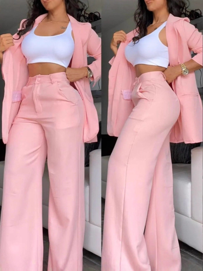 Cross-Border 2025 European and American Export Summer Women's Clothing Elegant Pure Color Slit Sleeves Lapel Suit Straight Pants Suit for Women