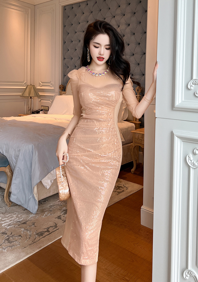 Đầm dạ hội vàng sang trọng dài tay đính đá phối lưới sequin tôn dáng — Màu vàng sương mù
